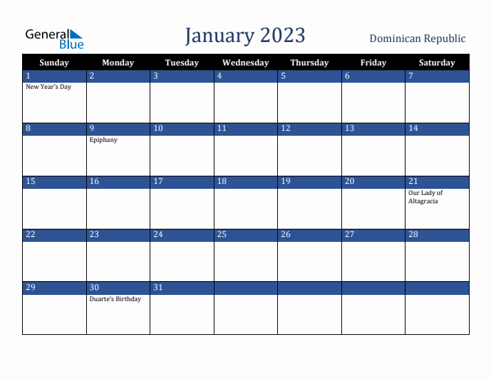 January 2023 Dominican Republic Calendar (Sunday Start)