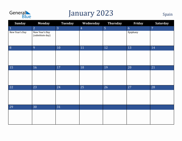 January 2023 Spain Calendar (Sunday Start)