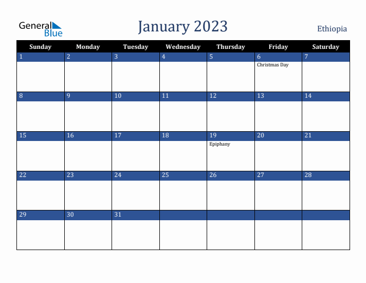 January 2023 Ethiopia Calendar (Sunday Start)