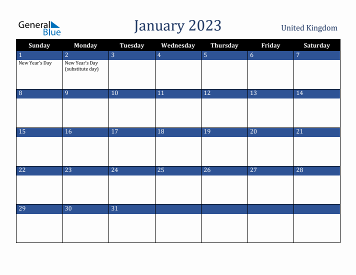 January 2023 United Kingdom Calendar (Sunday Start)