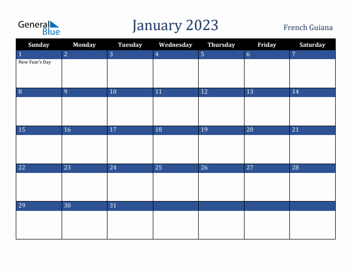 January 2023 French Guiana Calendar (Sunday Start)