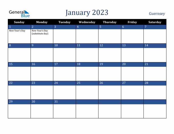 January 2023 Guernsey Calendar (Sunday Start)