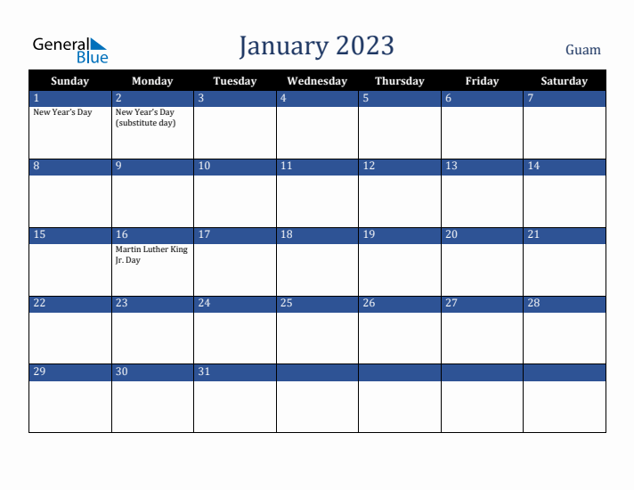 January 2023 Guam Calendar (Sunday Start)