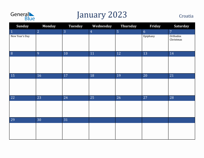 January 2023 Croatia Calendar (Sunday Start)