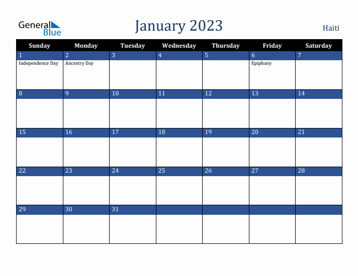 January 2023 Haiti Calendar (Sunday Start)