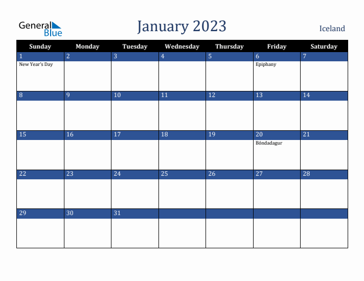 January 2023 Iceland Calendar (Sunday Start)