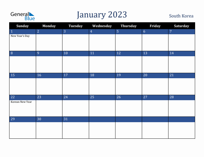 January 2023 South Korea Calendar (Sunday Start)