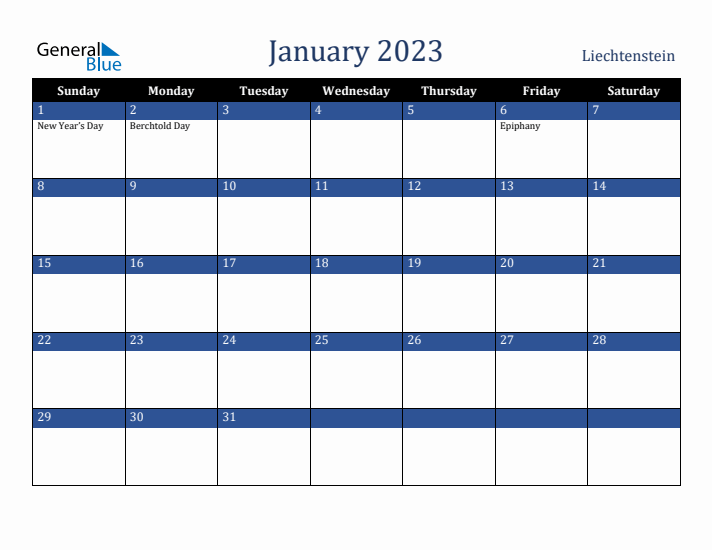 January 2023 Liechtenstein Calendar (Sunday Start)