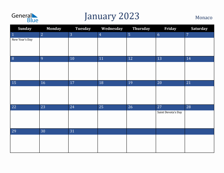 January 2023 Monaco Calendar (Sunday Start)