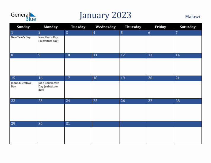 January 2023 Malawi Calendar (Sunday Start)
