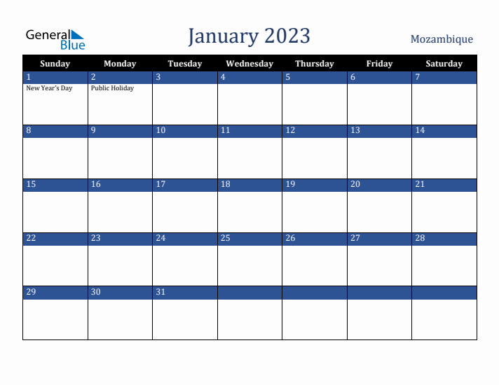 January 2023 Mozambique Calendar (Sunday Start)