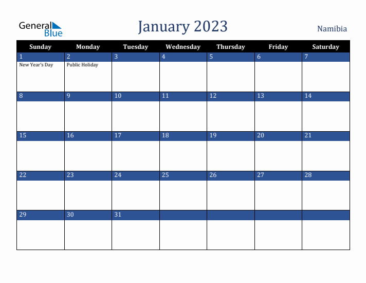 January 2023 Namibia Calendar (Sunday Start)