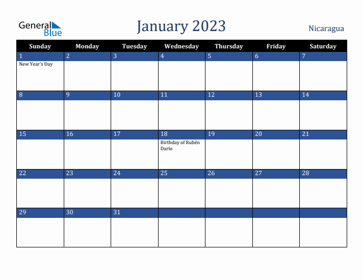 January 2023 Nicaragua Calendar (Sunday Start)