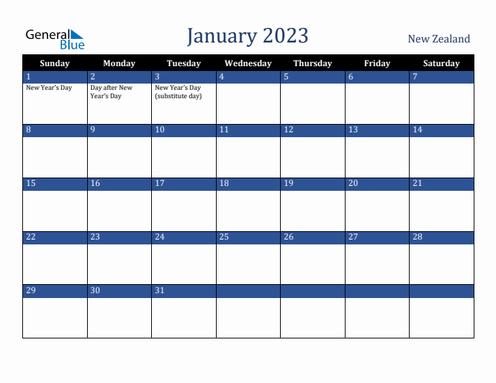 January 2023 New Zealand Calendar (Sunday Start)