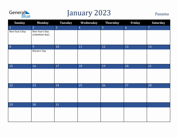 January 2023 Panama Calendar (Sunday Start)