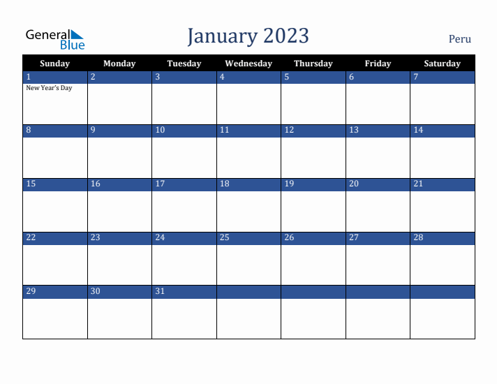 January 2023 Peru Calendar (Sunday Start)