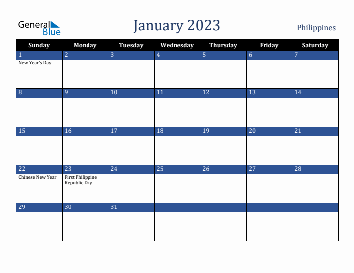 January 2023 Philippines Calendar (Sunday Start)