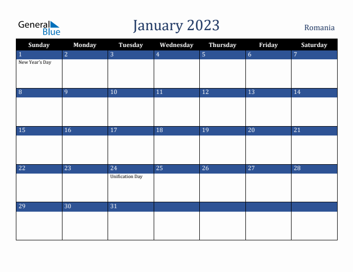 January 2023 Romania Calendar (Sunday Start)