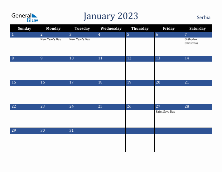 January 2023 Serbia Calendar (Sunday Start)