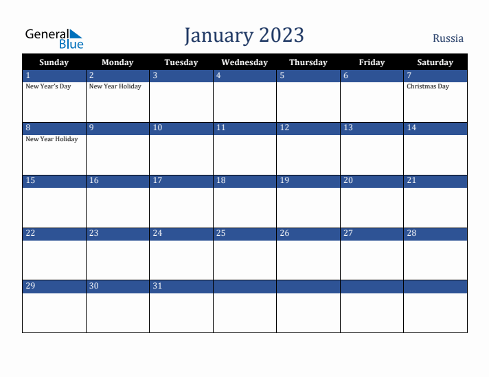 January 2023 Russia Calendar (Sunday Start)