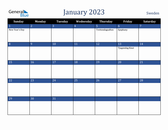 January 2023 Sweden Calendar (Sunday Start)