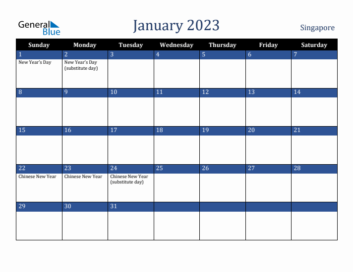 January 2023 Singapore Calendar (Sunday Start)