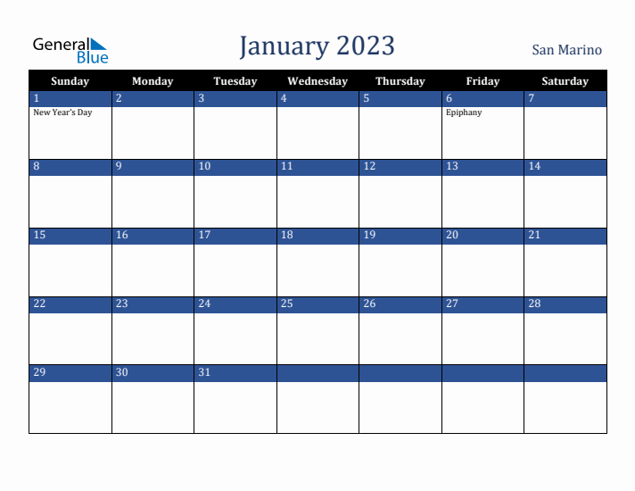 January 2023 San Marino Calendar (Sunday Start)