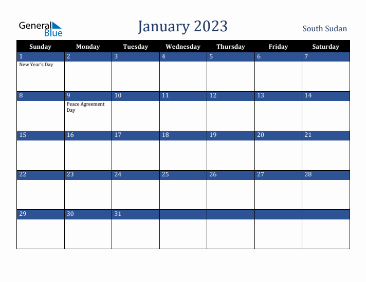 January 2023 South Sudan Calendar (Sunday Start)