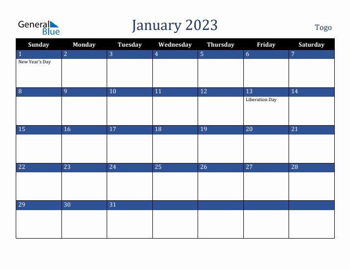January 2023 Togo Calendar (Sunday Start)