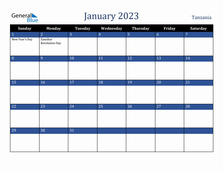 January 2023 Tanzania Calendar (Sunday Start)
