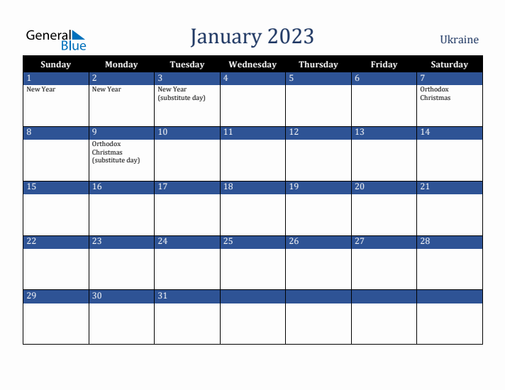 January 2023 Ukraine Calendar (Sunday Start)