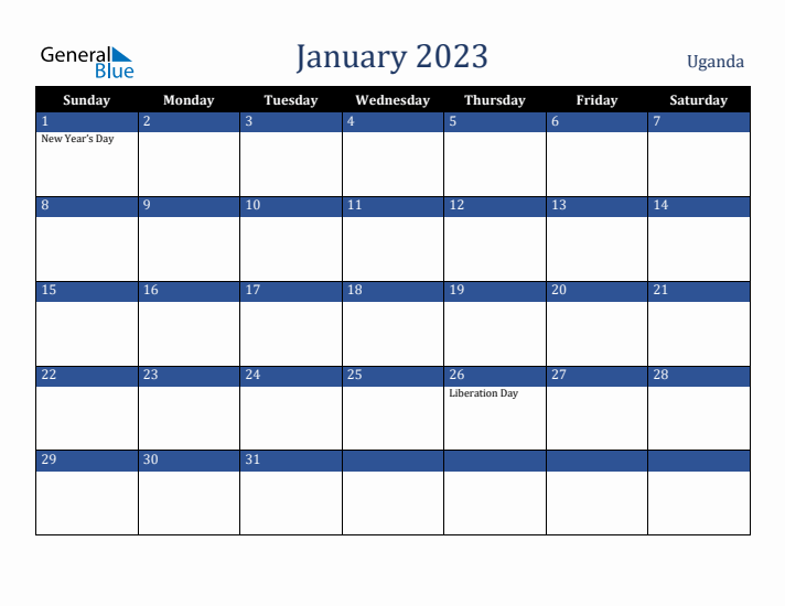 January 2023 Uganda Calendar (Sunday Start)