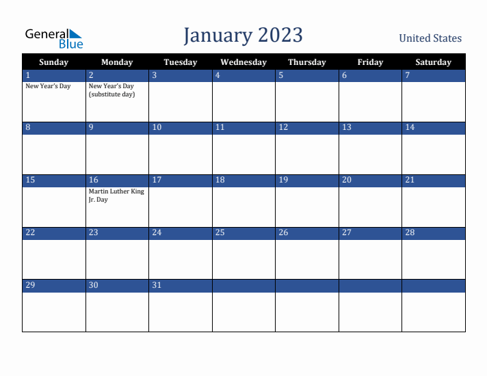 January 2023 United States Calendar (Sunday Start)