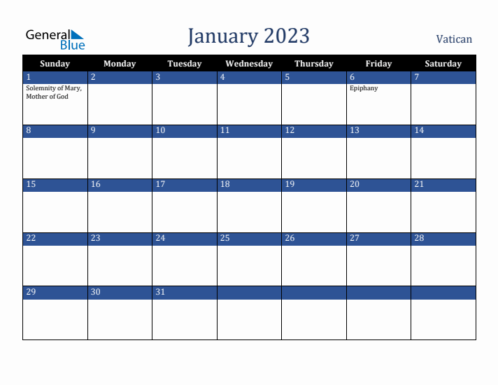 January 2023 Vatican Calendar (Sunday Start)