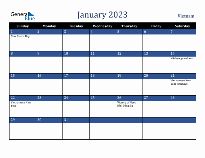 January 2023 Vietnam Calendar (Sunday Start)