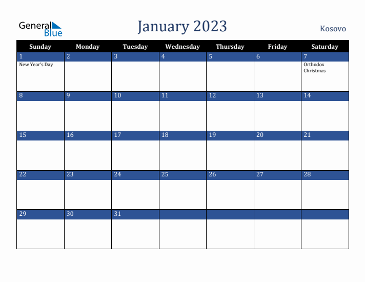 January 2023 Kosovo Calendar (Sunday Start)