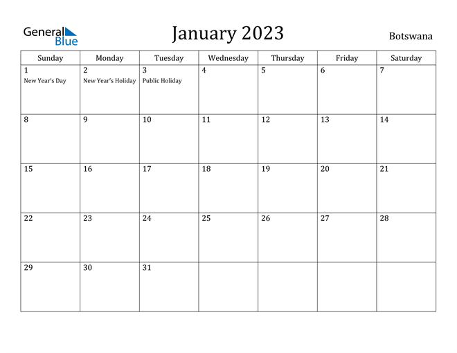 January 2023 Calendar Botswana