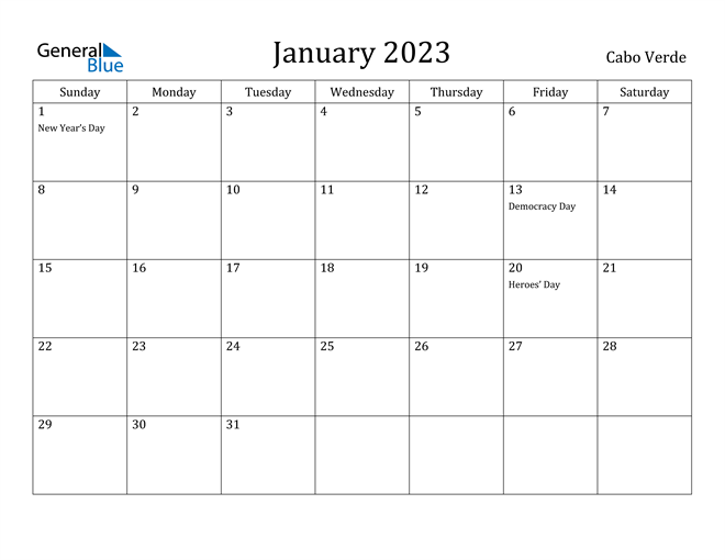January 2023 Calendar Cabo Verde