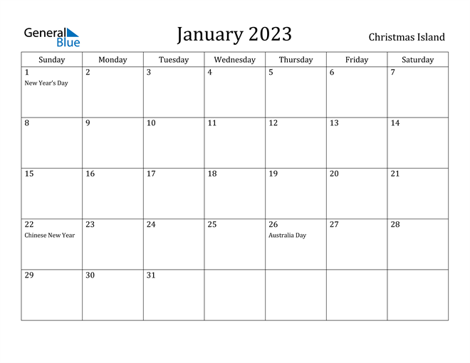 January 2023 Calendar Christmas Island