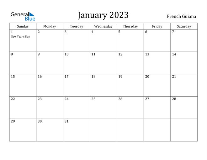 January 2023 Calendar French Guiana