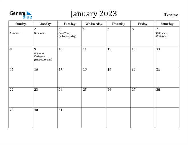January 2023 Calendar Ukraine