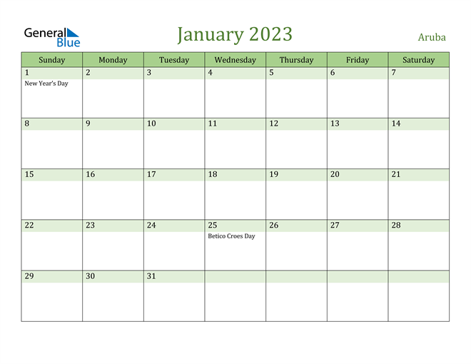 January 2023 Calendar with Aruba Holidays