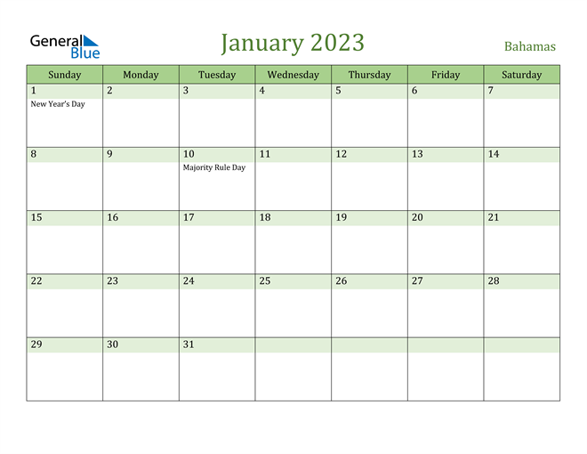 Bahamas January 2023 Calendar With Holidays