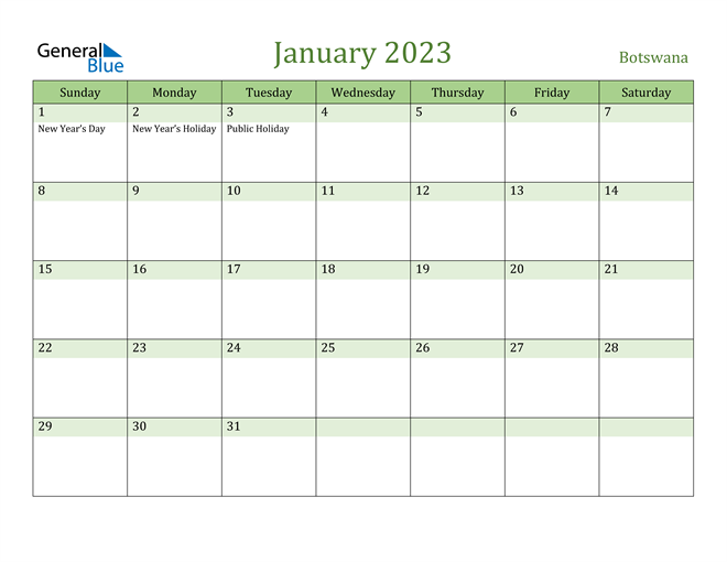 January 2023 Calendar with Botswana Holidays