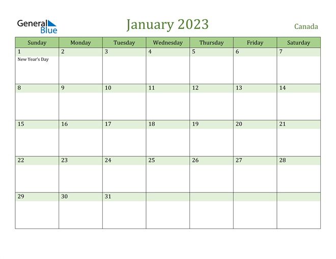 Free Printable Calendar January 2023 Canada