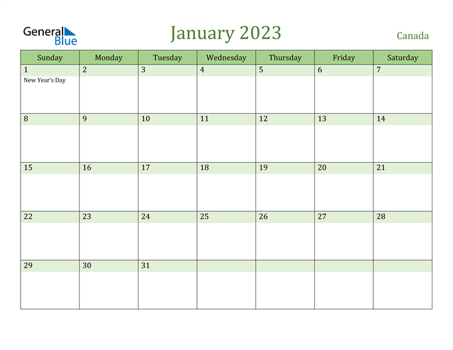 Canada January 2023 Calendar With Holidays