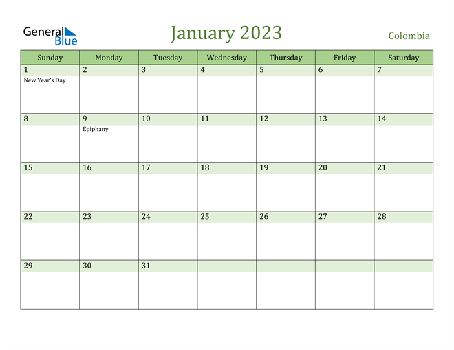 January 2023 Calendar with Colombia Holidays