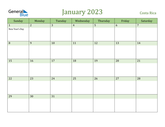 January 2023 Calendar with Costa Rica Holidays