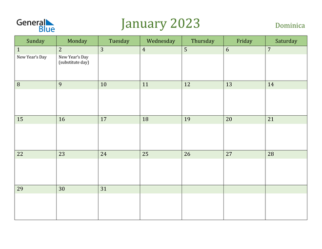January 2023 Calendar with Dominica Holidays
