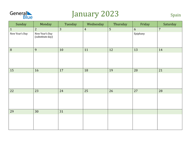 Spain January 2023 Calendar with Holidays